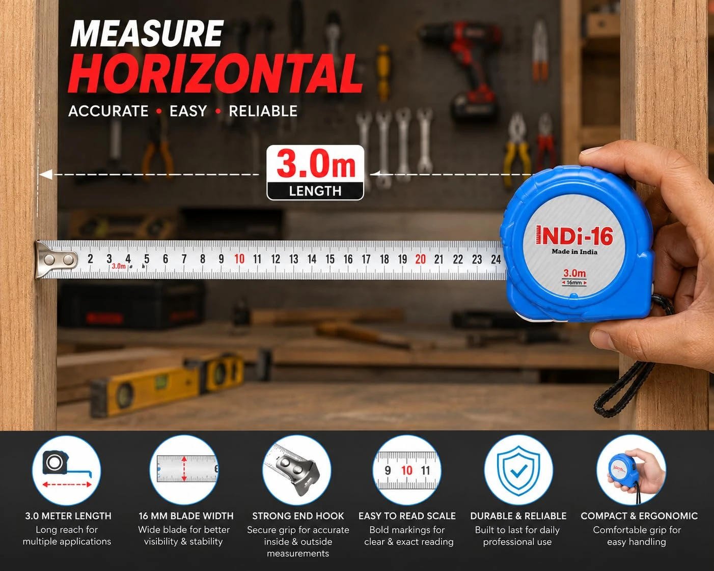 NDI-16 Measuring Tape 3 Meter, 16 mm Blade Width, Retractable Tape Measure (Blue, 3.0m)