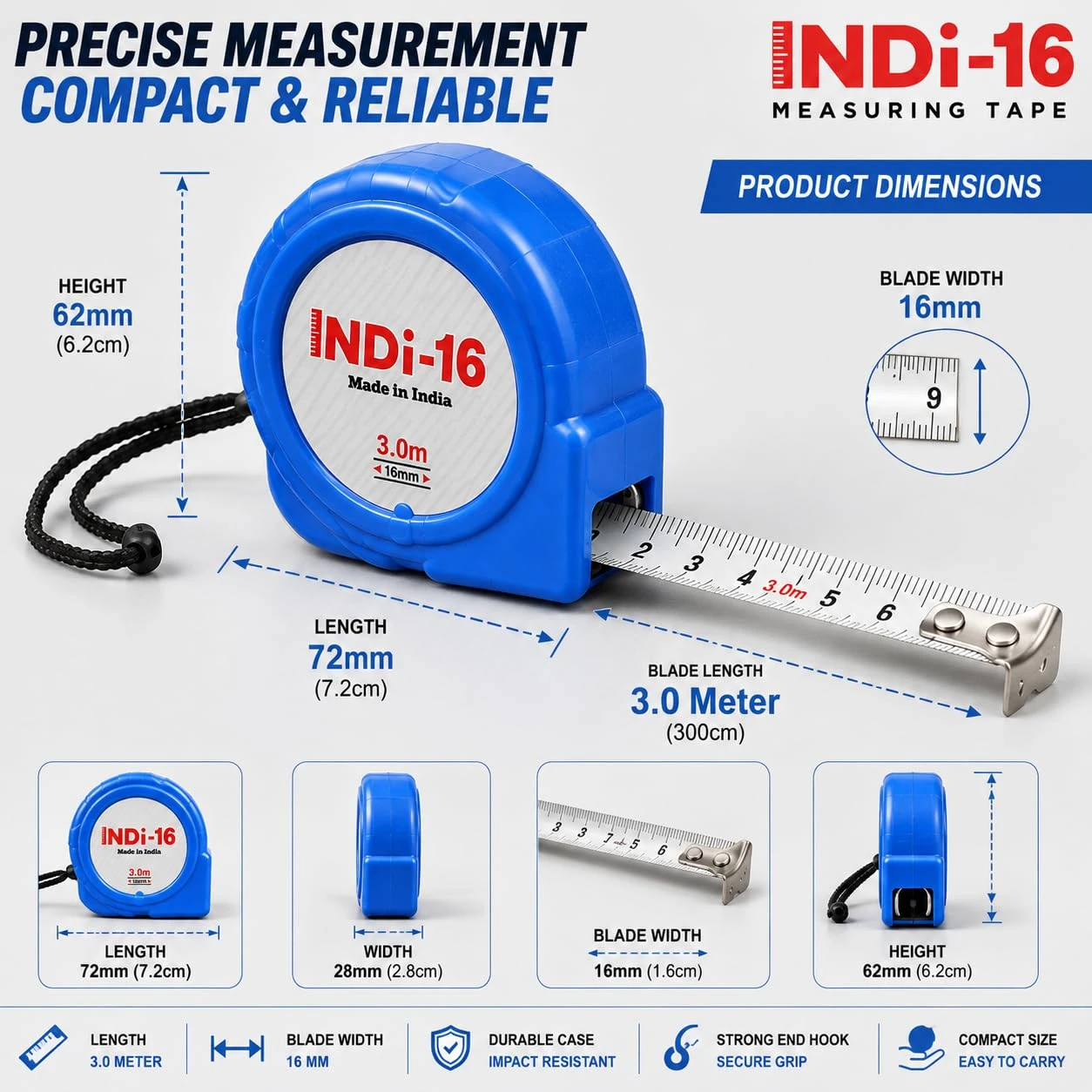 NDI-16 Measuring Tape 3 Meter, 16 mm Blade Width, Retractable Tape Measure (Blue, 3.0m)