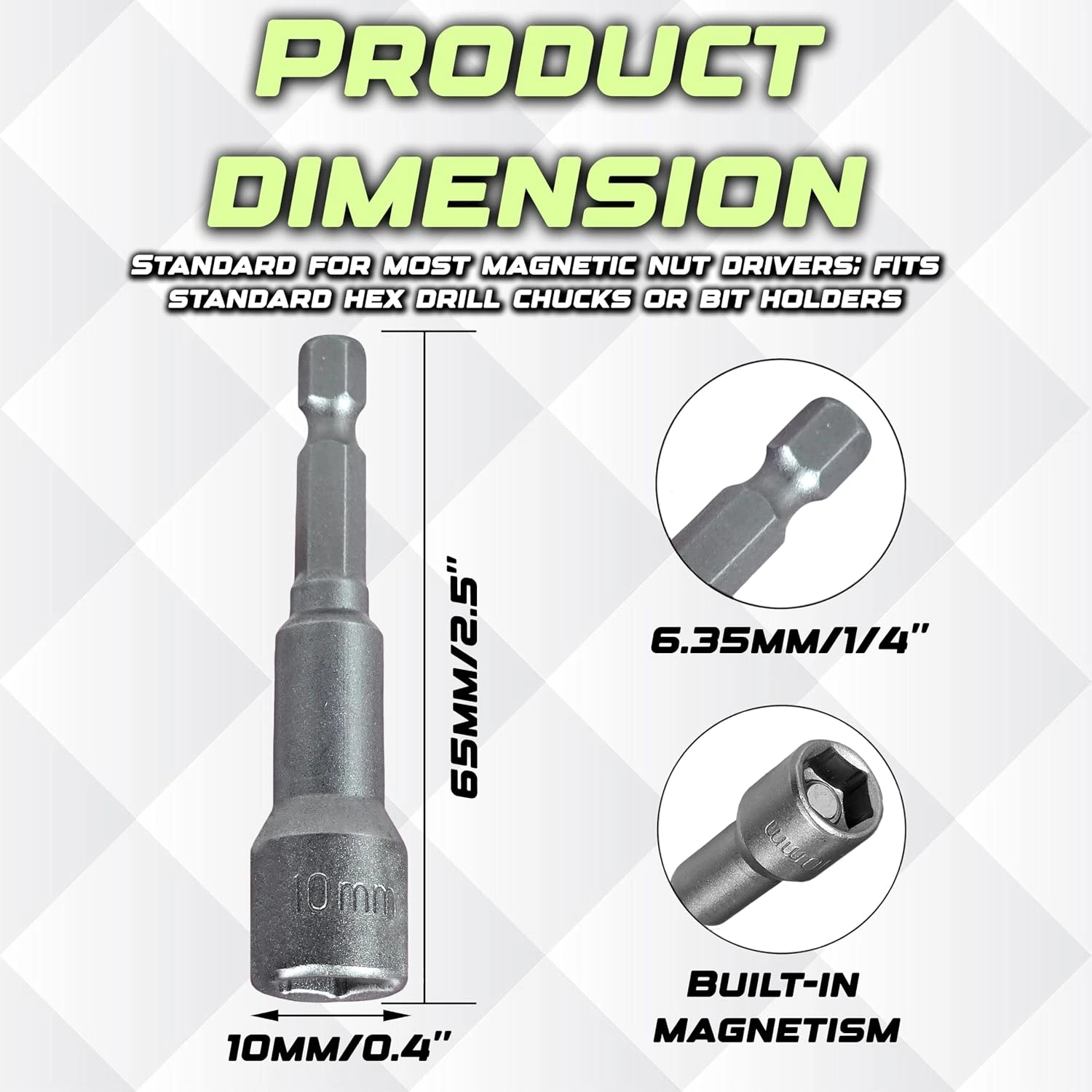 Digital Craft 5Pcs Magnetic Nut Driver Set 10mm – 65mm Long Hex Bits with 1/4-Inch Shank, Hardened Steel, Strong Magnet Grip for Drill & Impact Driver