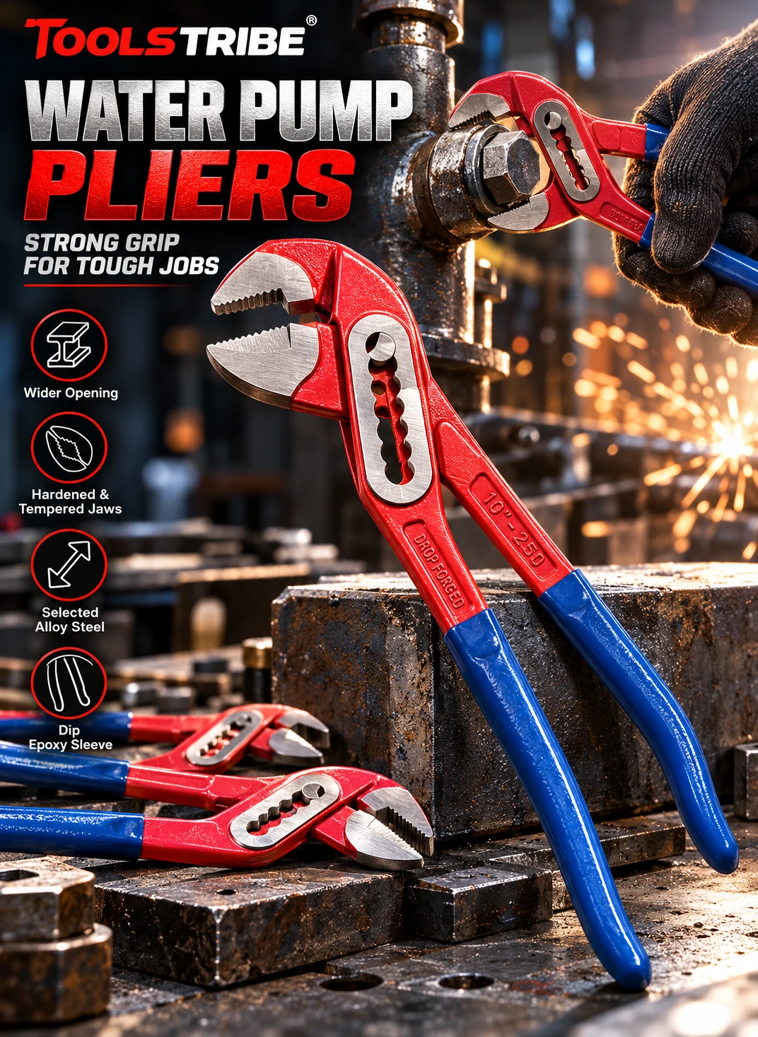 FREEMANS WBJ10 10"/250mm Box Joint Alloy Steel Water Pump Plier || Drop forged With Epoxy Dip Sleeve || Induction Hardened Jaws || Drop Forged - Red &