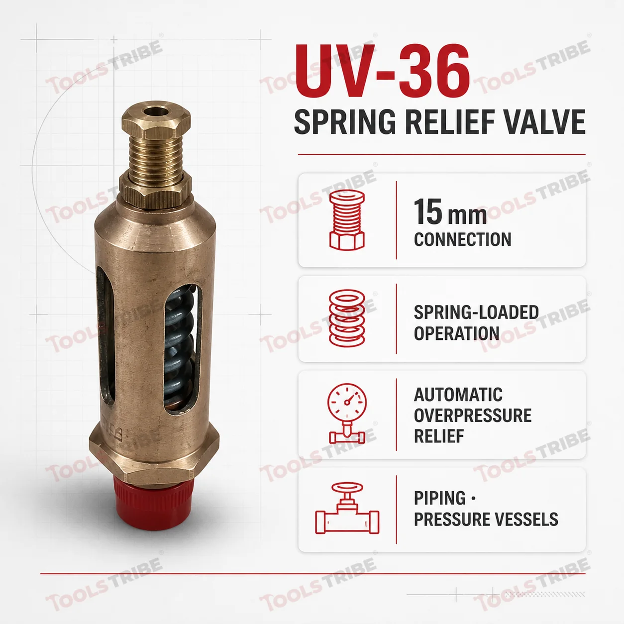 UTAM Brass Spring Relief Valve UV-36, 15mm Threaded Safety/Pressure Relief Valve (2-14 Kg/cm2)