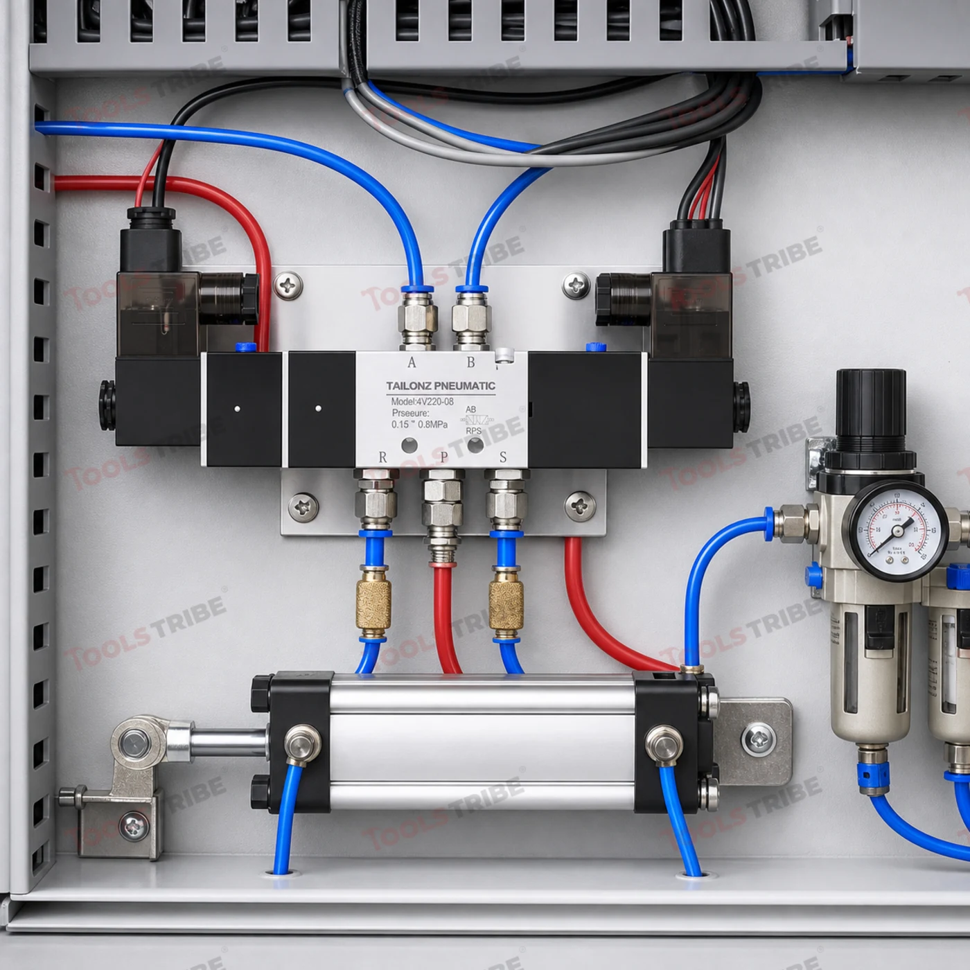 AEROTAC 4V-220-08 Pneumatic Solenoid Valve, 220V AC, 5/2-Way Double Coil, 1/4 Inch BSP