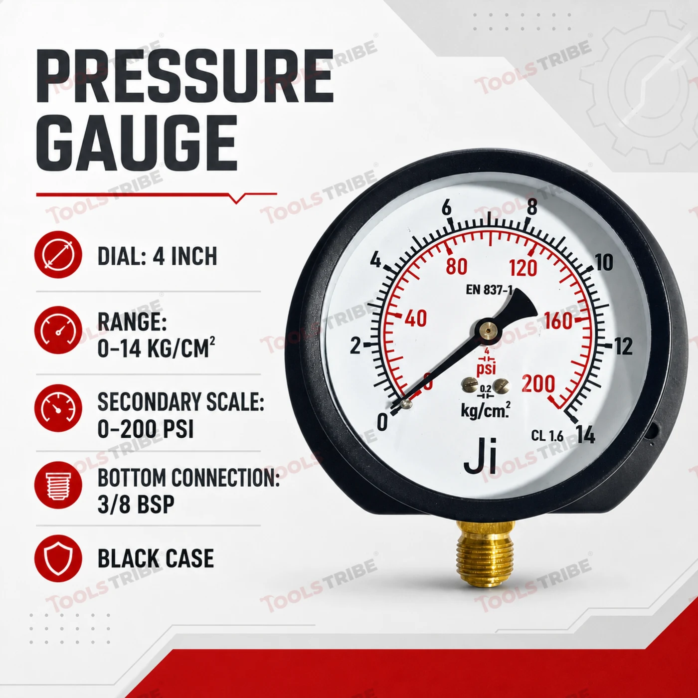 Pressure Gauge 4 Inch Dial, 0-14 Kg/cm2 SS Body, Bottom Mount 3/8 Inch BSP