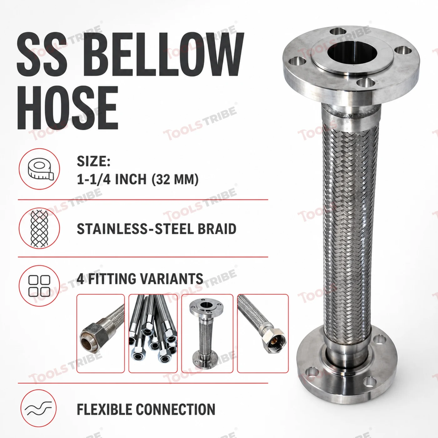 SS Corrugated Bellow Hose 1.1/4 Inch (32mm) MS BSP Threaded, 4 Ft Flexible Expansion Hose