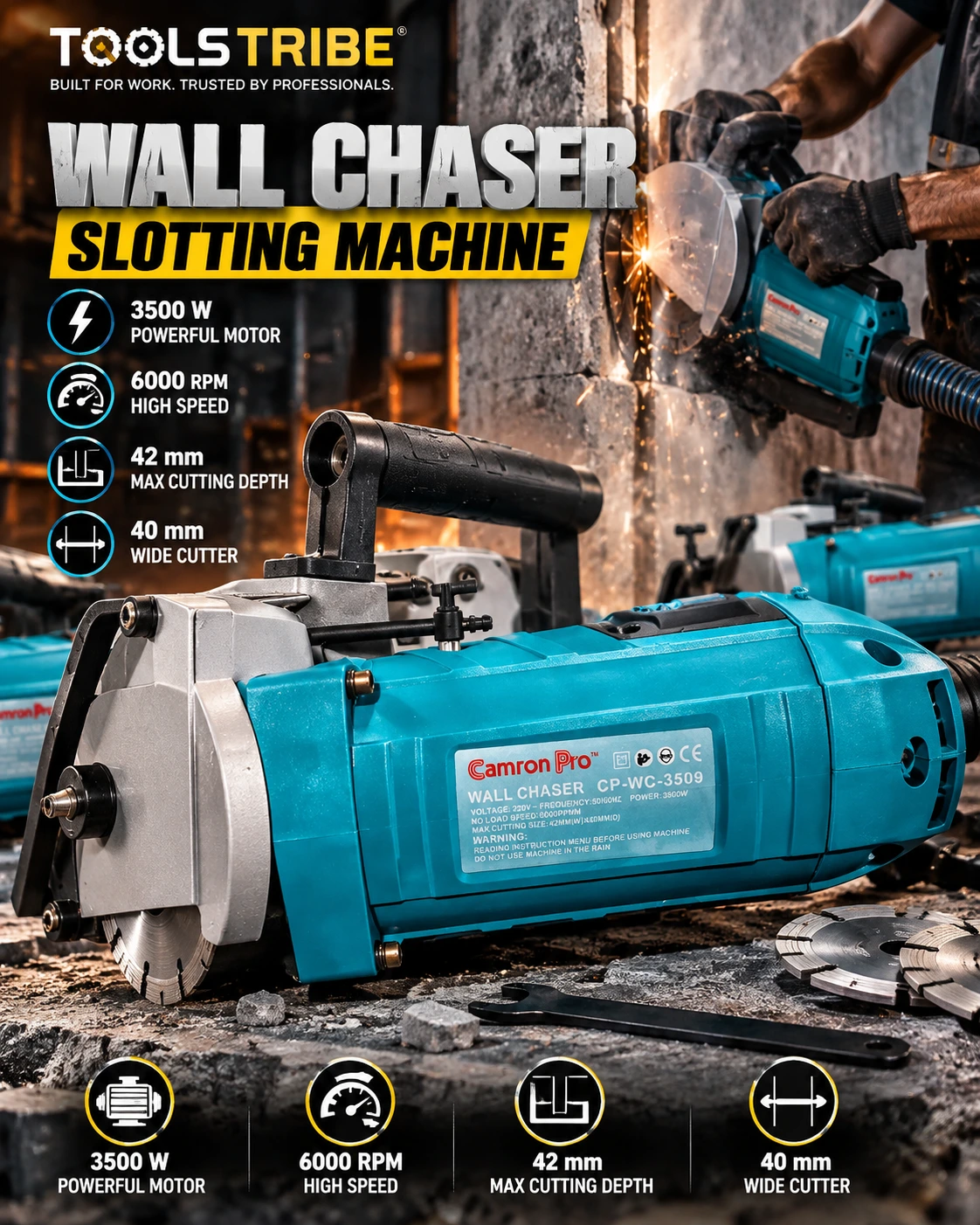 Wall Chaser Slotting Machine 3500 W 5000 rpm Concrete Cutter Groove Milling 133 mm Saw Blade Max. Cutting Depth: 42 mm Width: 40 mm Wet Cutter