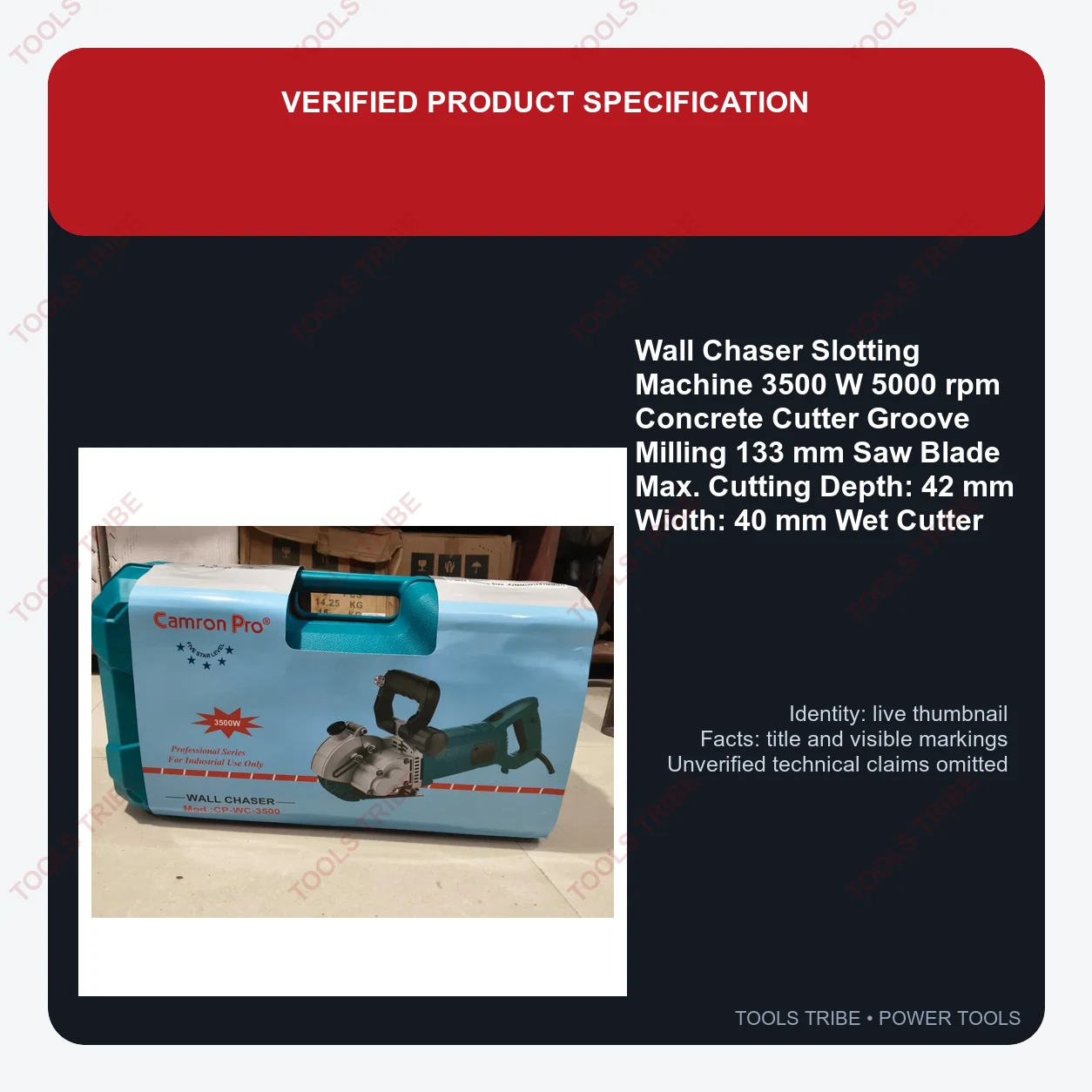 Wall Chaser Slotting Machine 3500 W 5000 rpm Concrete Cutter Groove Milling 133 mm Saw Blade Max. Cutting Depth: 42 mm Width: 40 mm Wet Cutter