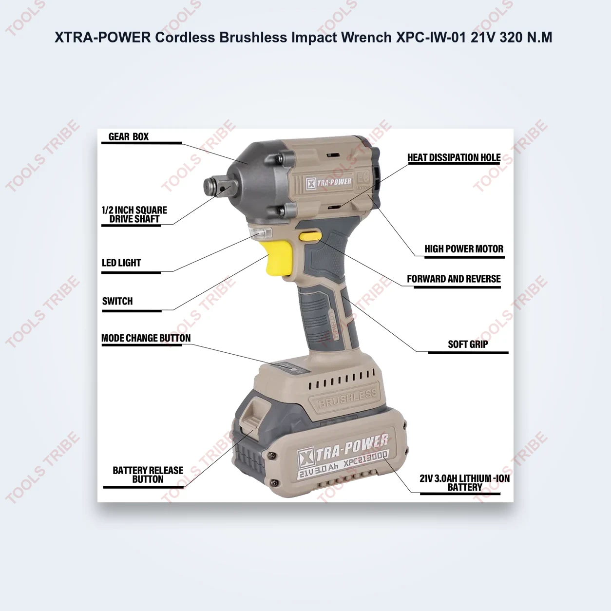 XTRA-POWER Cordless Brushless Impact Wrench XPC-IW-01 21V 320 N.M