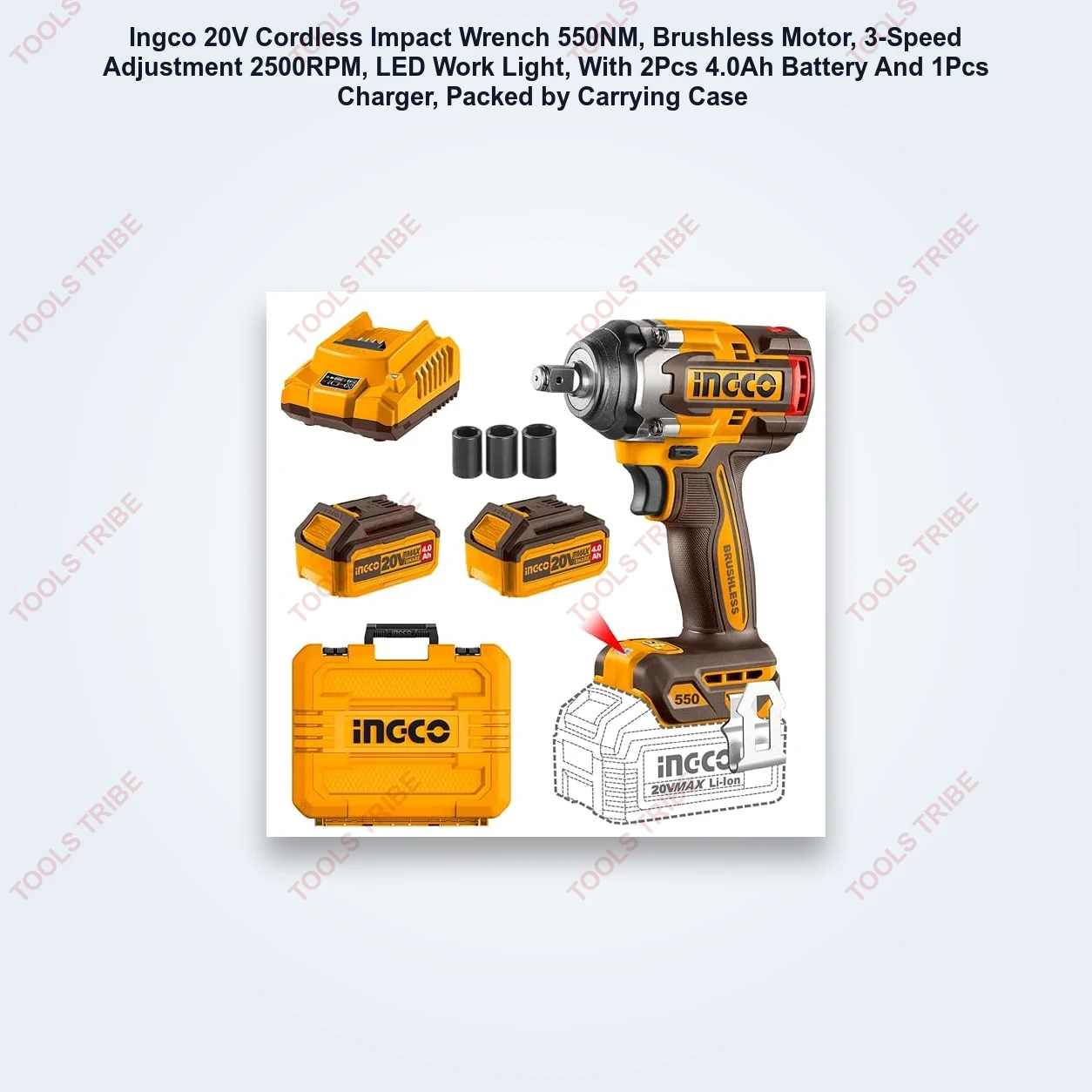 Ingco 20V Cordless Impact Wrench 550NM, Brushless Motor, 3-Speed Adjustment 2500RPM, LED Work Light, With 2Pcs 4.0Ah Battery And 1Pcs Charger, Packed by Carrying Case
