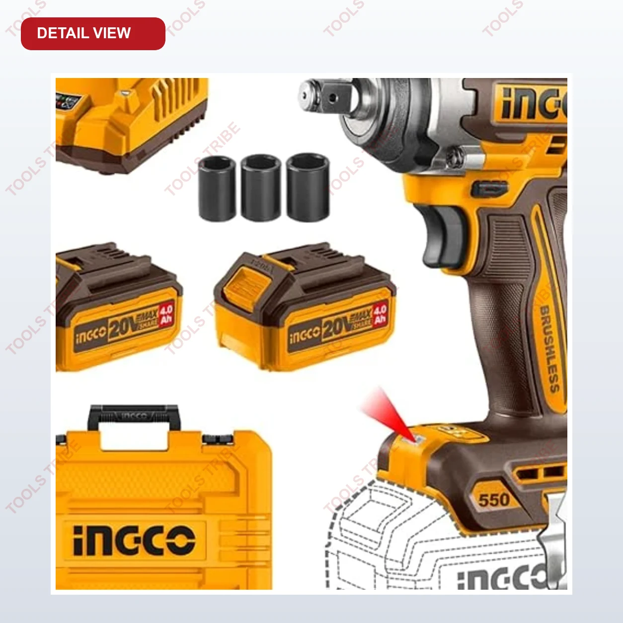 Ingco 20V Cordless Impact Wrench 550NM, Brushless Motor, 3-Speed Adjustment 2500RPM, LED Work Light, With 2Pcs 4.0Ah Battery And 1Pcs Charger, Packed by Carrying Case