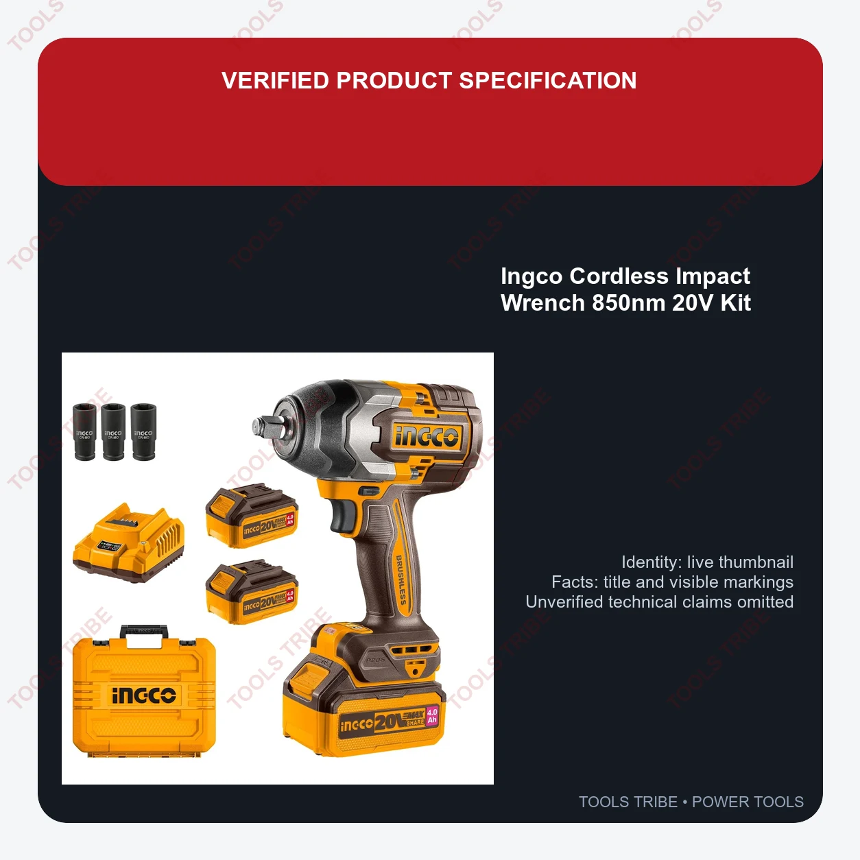 Ingco Cordless Impact Wrench 850nm 20V Kit