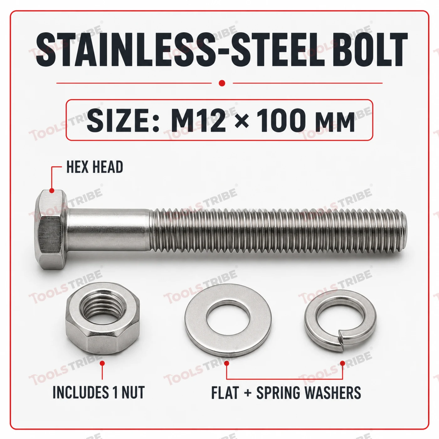 SS 304 Hex Bolt M12 x 100mm, Fully Threaded Stainless Steel Fastener (Pack of 10)