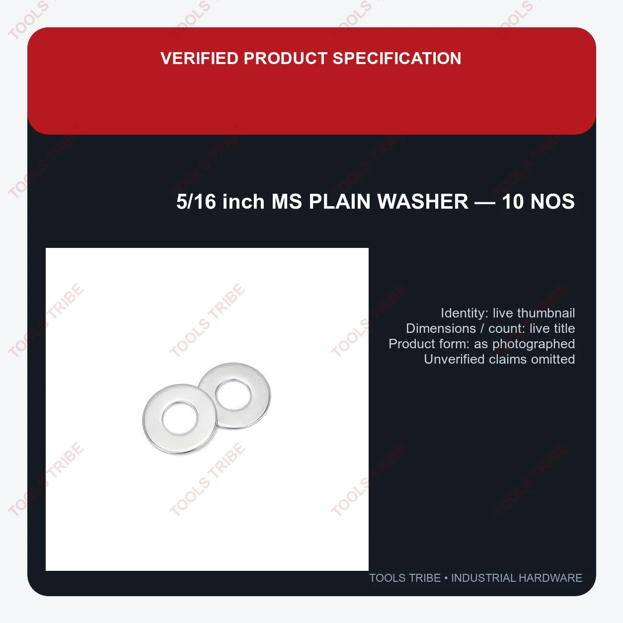 5/16 inch Mild steel Plain Washer of 10mm outer diameter x 5/16" inch inner diameter x 1.3mm thickness: 10 Nos