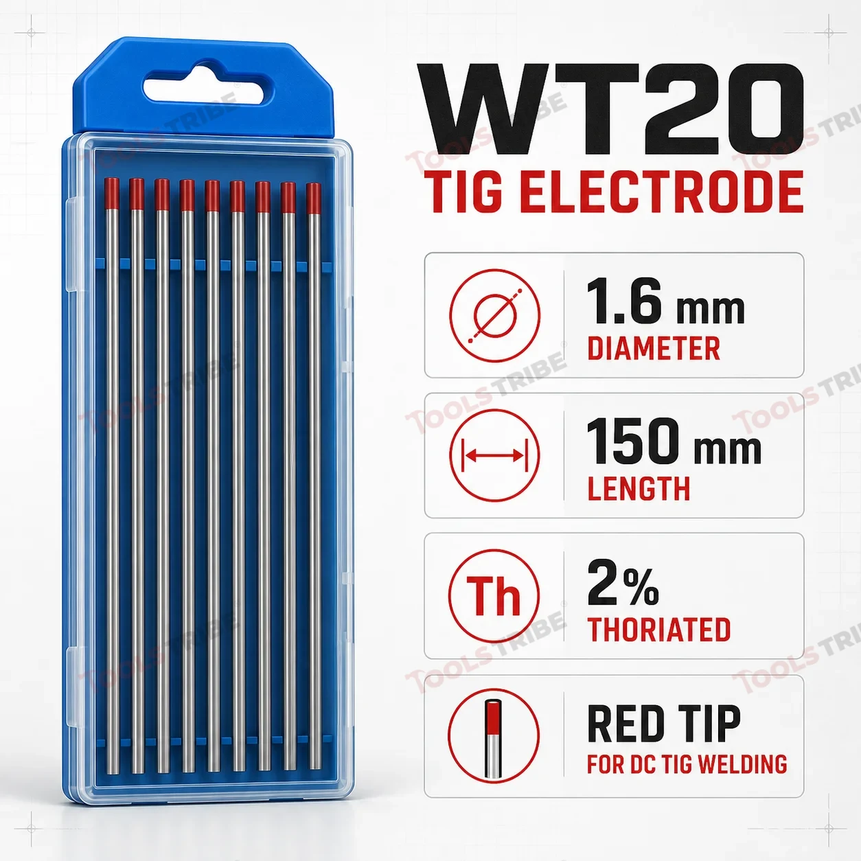 Tungsten Electrode WT20 (TIG Welding Rod) 2% Thoriated Red Tip, 1.6mm x 150mm (1/16 Inch) - Pack of 10