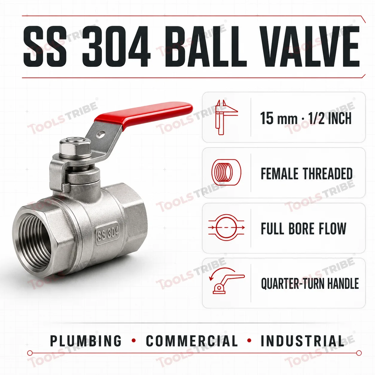 SS 304 Ball Valve 15mm (1/2 Inch) Threaded, Quarter-Turn Screwed End Valve